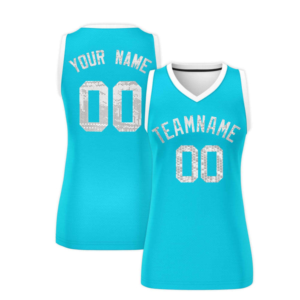 Custom Sky Blue White Women Basketball Jersey Sequined Dress | BuyFootballJersey
