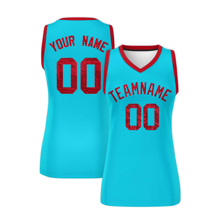 Custom Sky Blue Red Women Basketball Jersey Sequined Dress | BuyFootballJersey