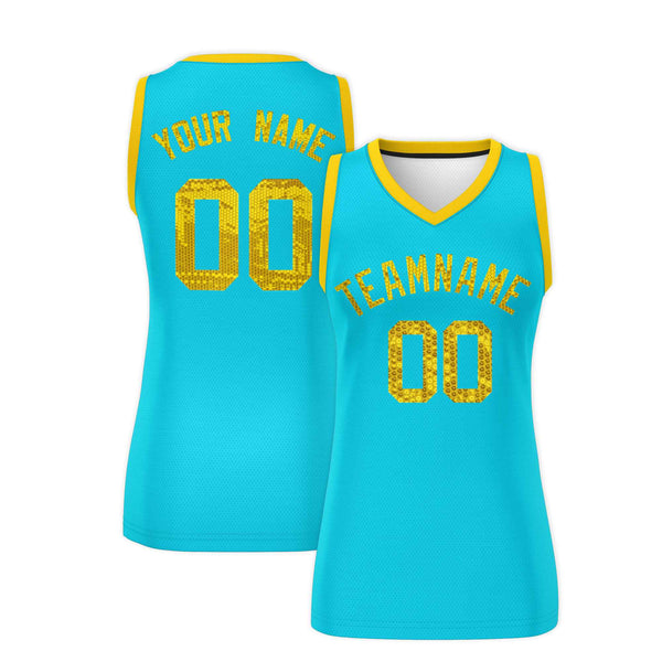 Custom Sky Blue Gold Women Basketball Jersey Sequined Dress | BuyFootballJersey