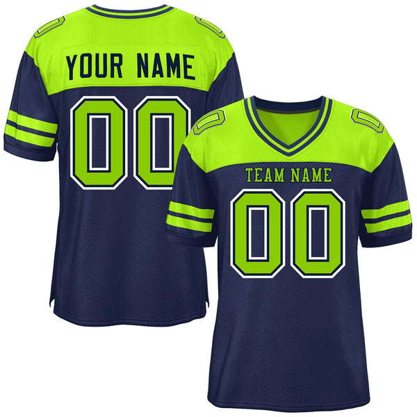 Custom Navy Neon Green Personalized Color Block Football Jersey | BuyFootballJersey