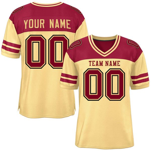 Custom Khaki Crimson Personalized Color Block Football Jersey | BuyFootballJersey
