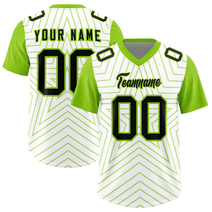 Custom White Neon Green Personalized Star Pattern Raglan Sleeves Football Jersey | BuyFootballJersey
