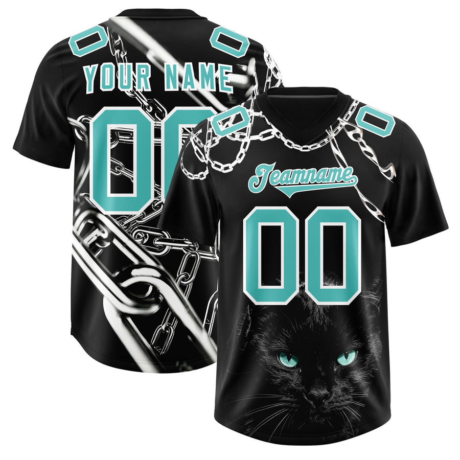 Custom Black Teal Graffiti Pattern Chains Football Jersey | BuyFootballJersey