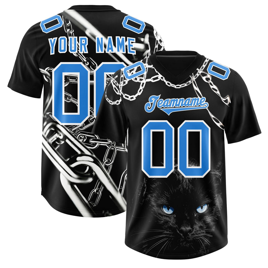 Custom Black Light Blue Graffiti Pattern Chains Football Jersey | BuyFootballJersey