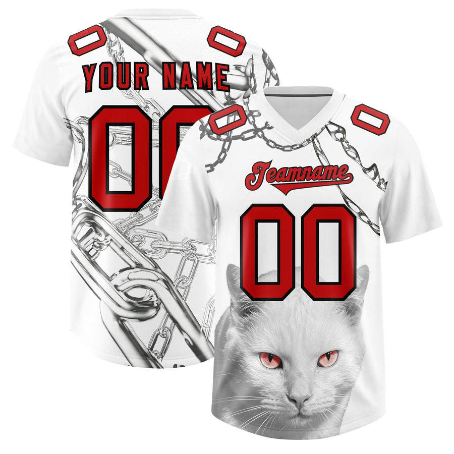 Custom White Red Graffiti Pattern Chains Football Jersey | BuyFootballJersey