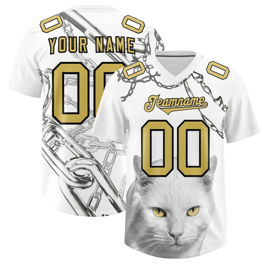 Custom White Old Gold Graffiti Pattern Chains Football Jersey | BuyFootballJersey