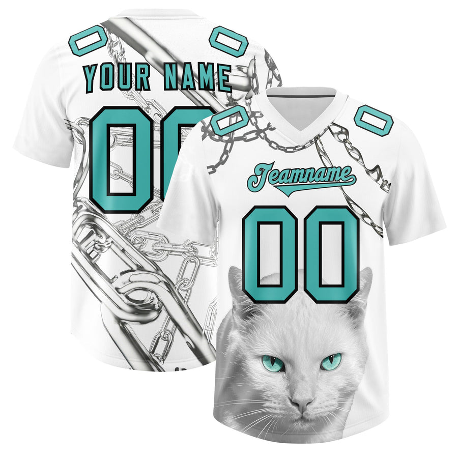 Custom White Teal Graffiti Pattern Chains Football Jersey | BuyFootballJersey