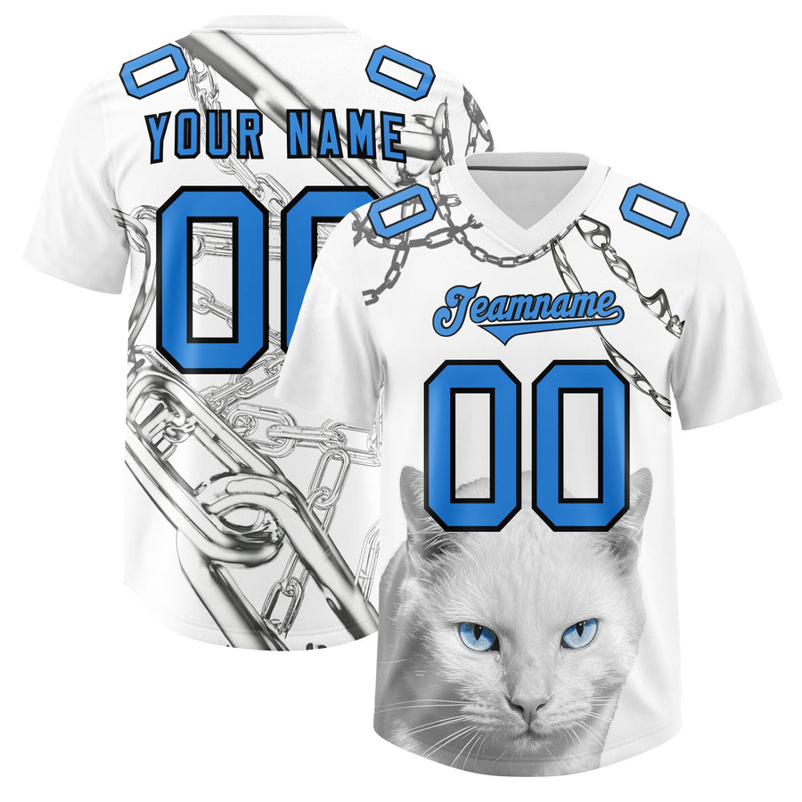 Custom White Light Blue Graffiti Pattern Chains Football Jersey | BuyFootballJersey