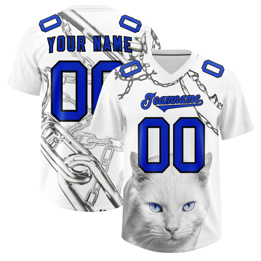 Custom White Blue Graffiti Pattern Chains Football Jersey | BuyFootballJersey
