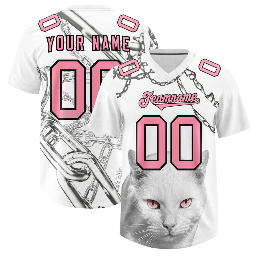 Custom White Light Pink Graffiti Pattern Chains Football Jersey | BuyFootballJersey