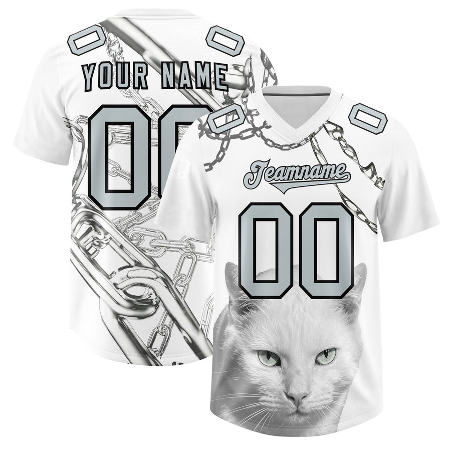 Custom White Silver Graffiti Pattern Chains Football Jersey | BuyFootballJersey