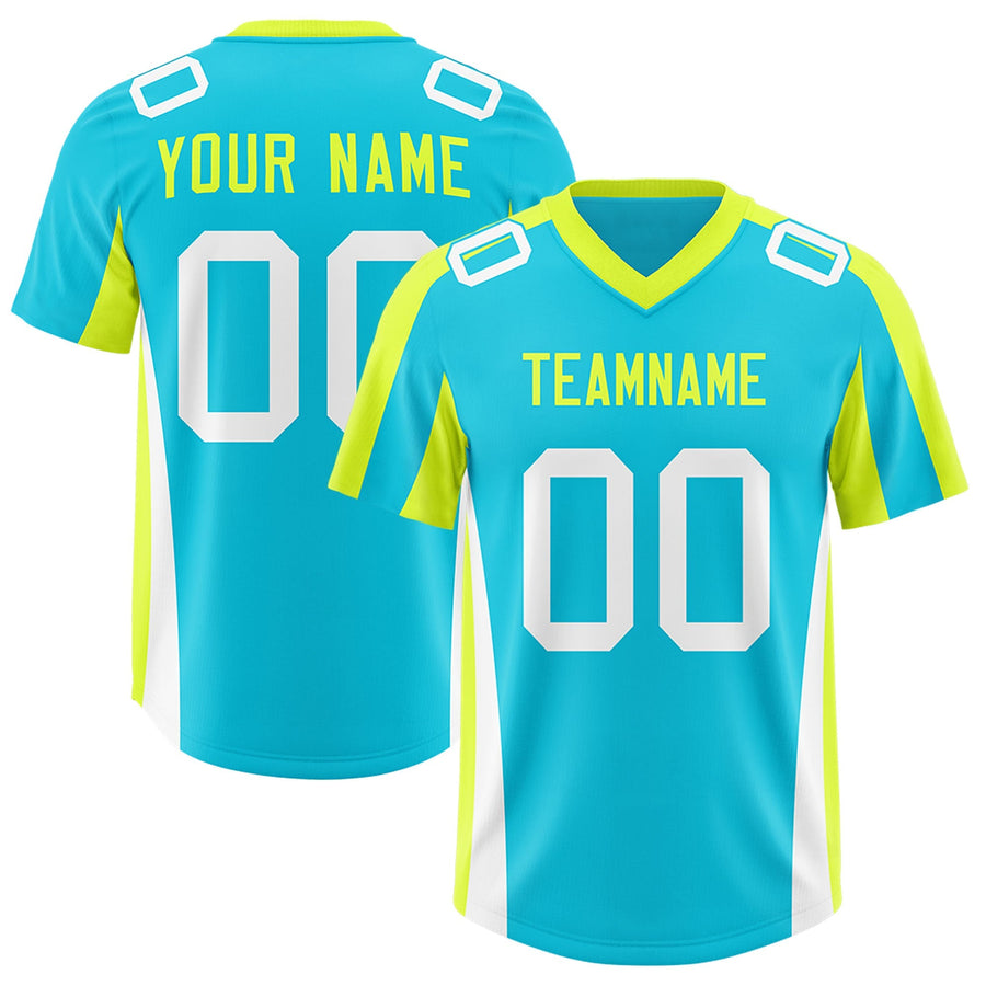 Custom Sky Blue Fluorescent Green Side Stripe Pattern Football Jersey | BuyFootballJersey