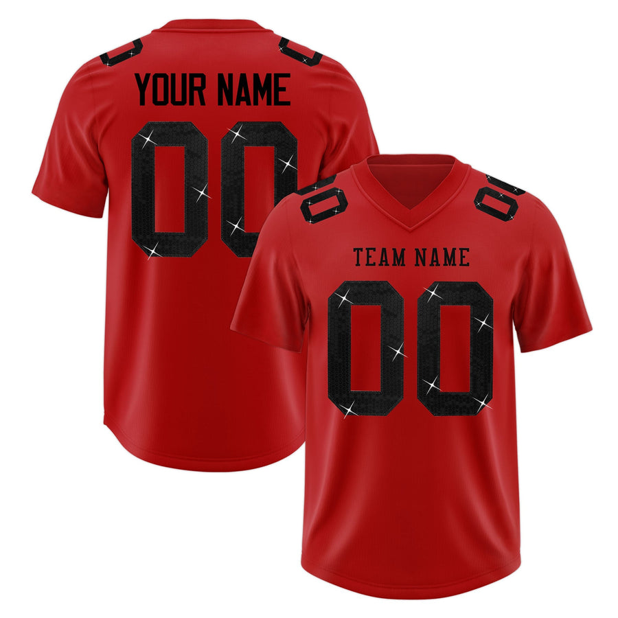 Custom Red Black sequin lettering Stretch Fabric Football Jersey | BuyFootballJersey