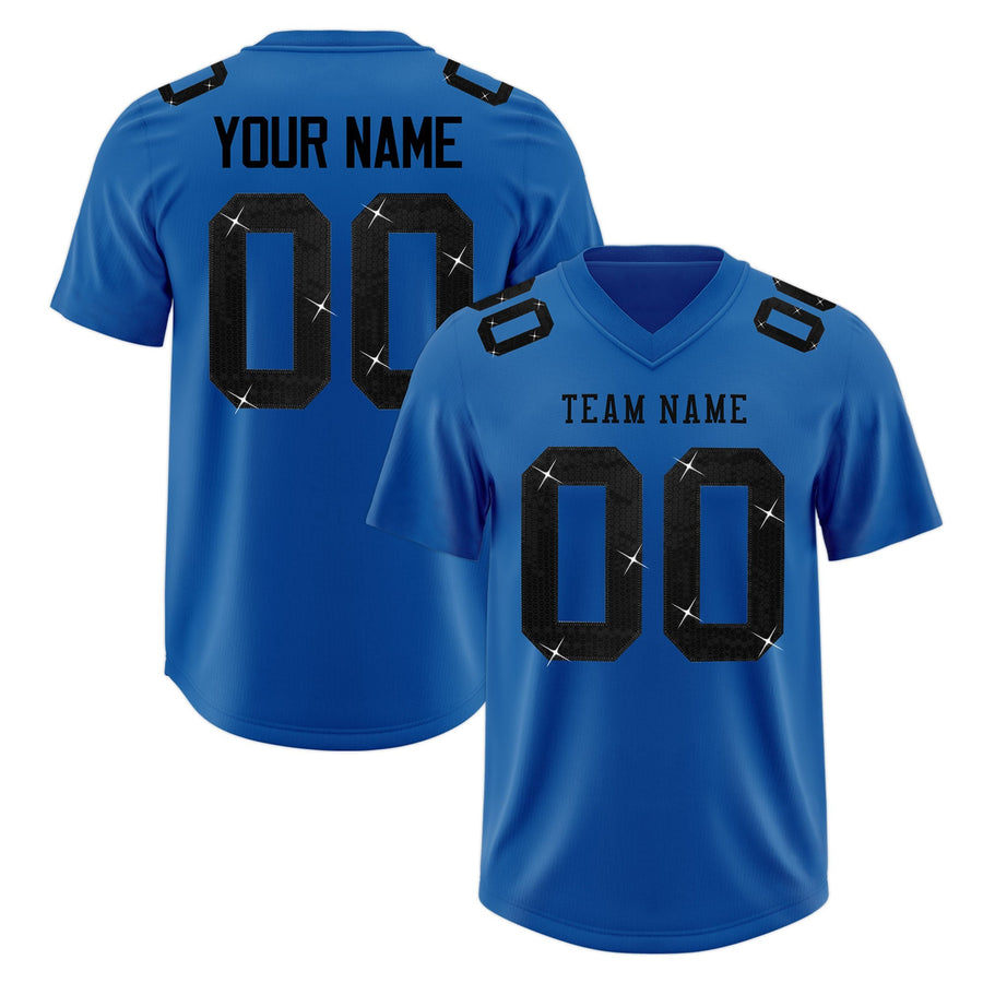 Custom Royal Black sequin lettering Stretch Fabric Football Jersey | BuyFootballJersey
