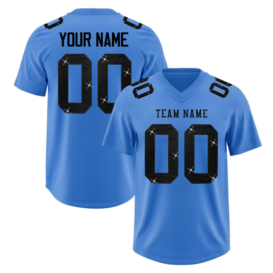 Custom Powder Blue Black sequin lettering Breathable Football Jersey | BuyFootballJersey