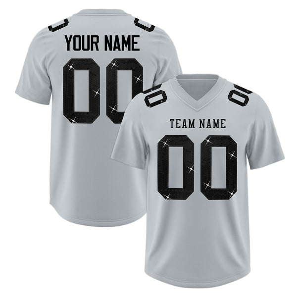 Custom Silver Black sequin lettering Stretch Fabric Football Jersey | BuyFootballJersey