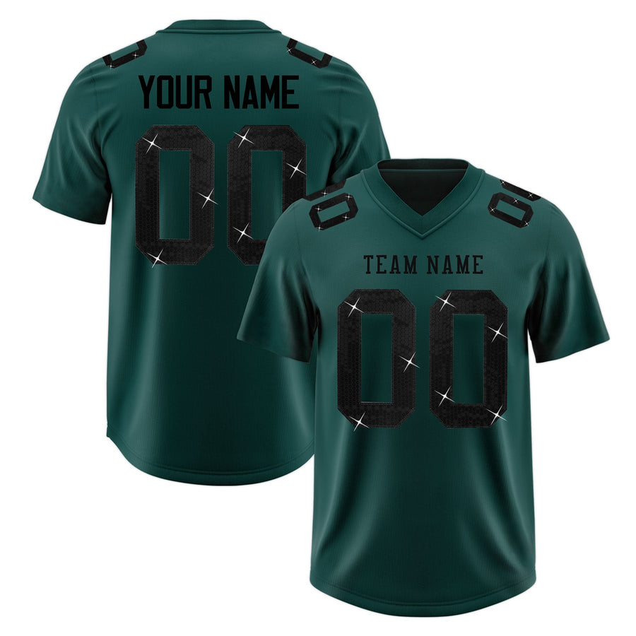 Custom Midnight Green Black sequin lettering Stretch Fabric Football Jersey | BuyFootballJersey