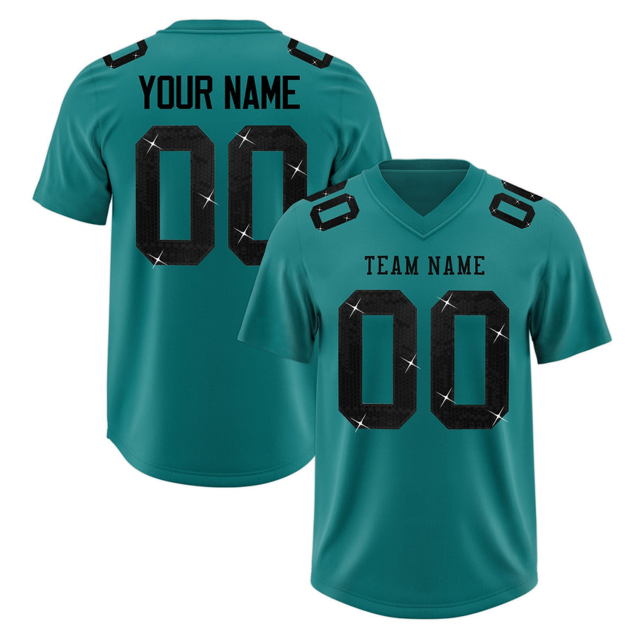 Custom Teal Black sequin lettering Breathable Football Jersey | BuyFootballJersey