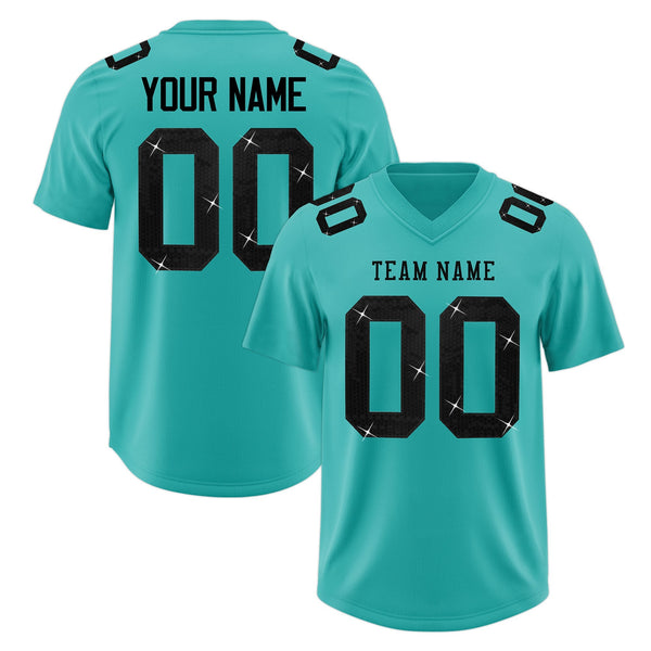 Custom Teal Black sequin lettering Stretch Fabric Football Jersey | BuyFootballJersey