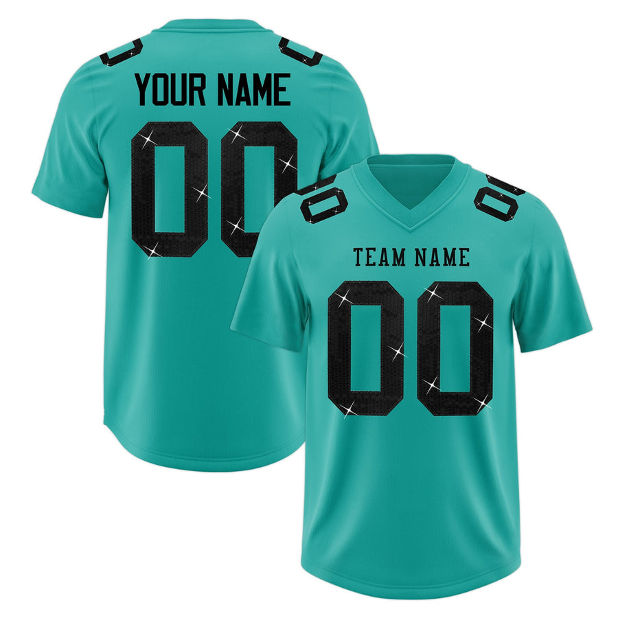 Custom Aqua Black sequin lettering Moisture-Wicking Football Jersey | BuyFootballJersey