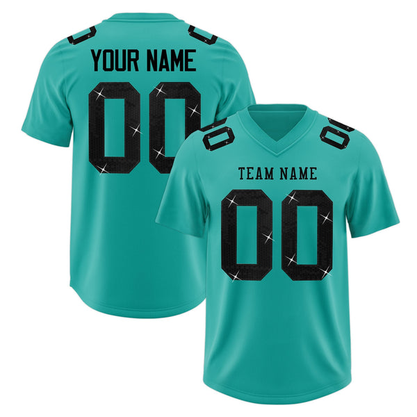 Custom Aqua Black sequin lettering Moisture-Wicking Football Jersey | BuyFootballJersey