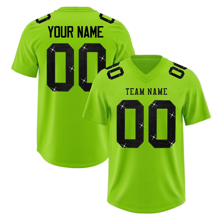 Custom Neon Green Black sequin lettering Breathable Football Jersey | BuyFootballJersey