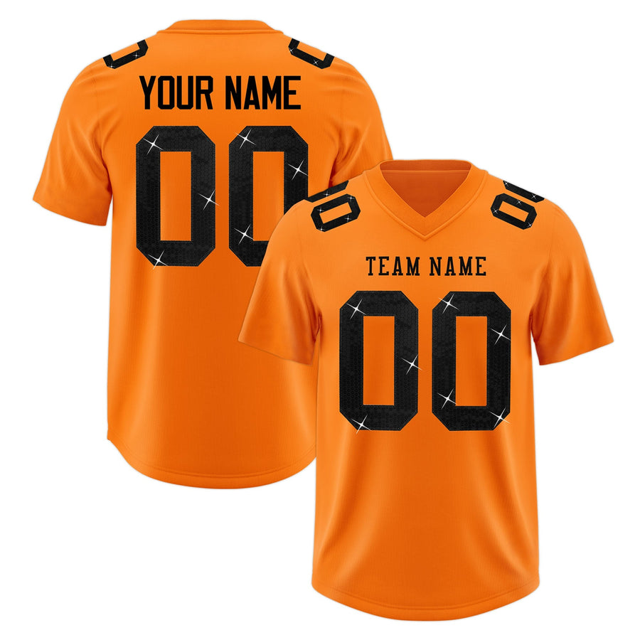 Custom Orange Black sequin lettering Stretch Fabric Football Jersey | BuyFootballJersey