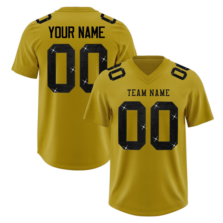 Custom Old Gold Black sequin lettering Breathable Football Jersey | BuyFootballJersey