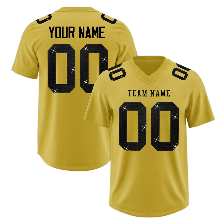 Custom Old Gold Black sequin lettering Stretch Fabric Football Jersey | BuyFootballJersey