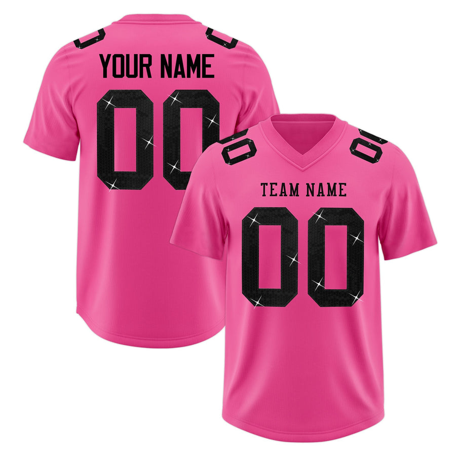 Custom Pink Black sequin lettering Stretch Fabric Football Jersey | BuyFootballJersey