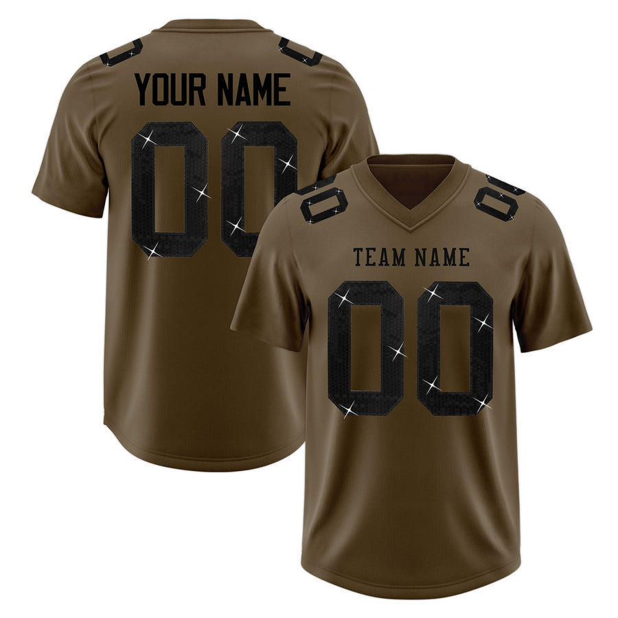Custom Light Brown Black sequin lettering Stretch Fabric Football Jersey | BuyFootballJersey
