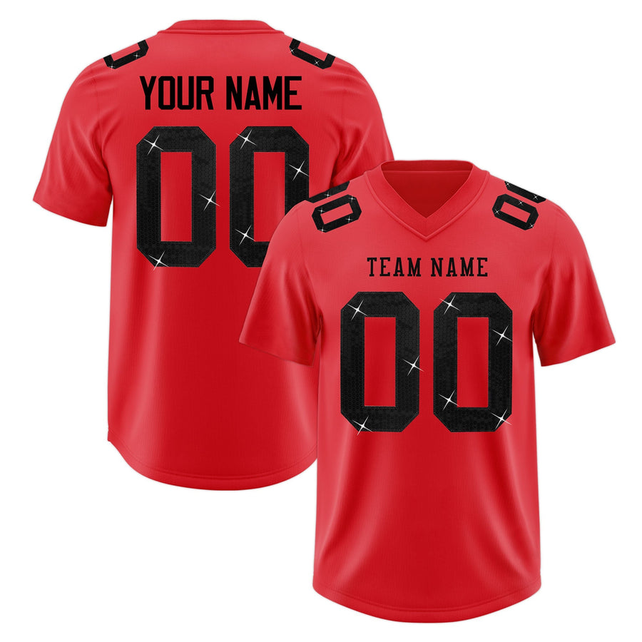 Custom Light Red Black sequin lettering Stretch Fabric Football Jersey | BuyFootballJersey