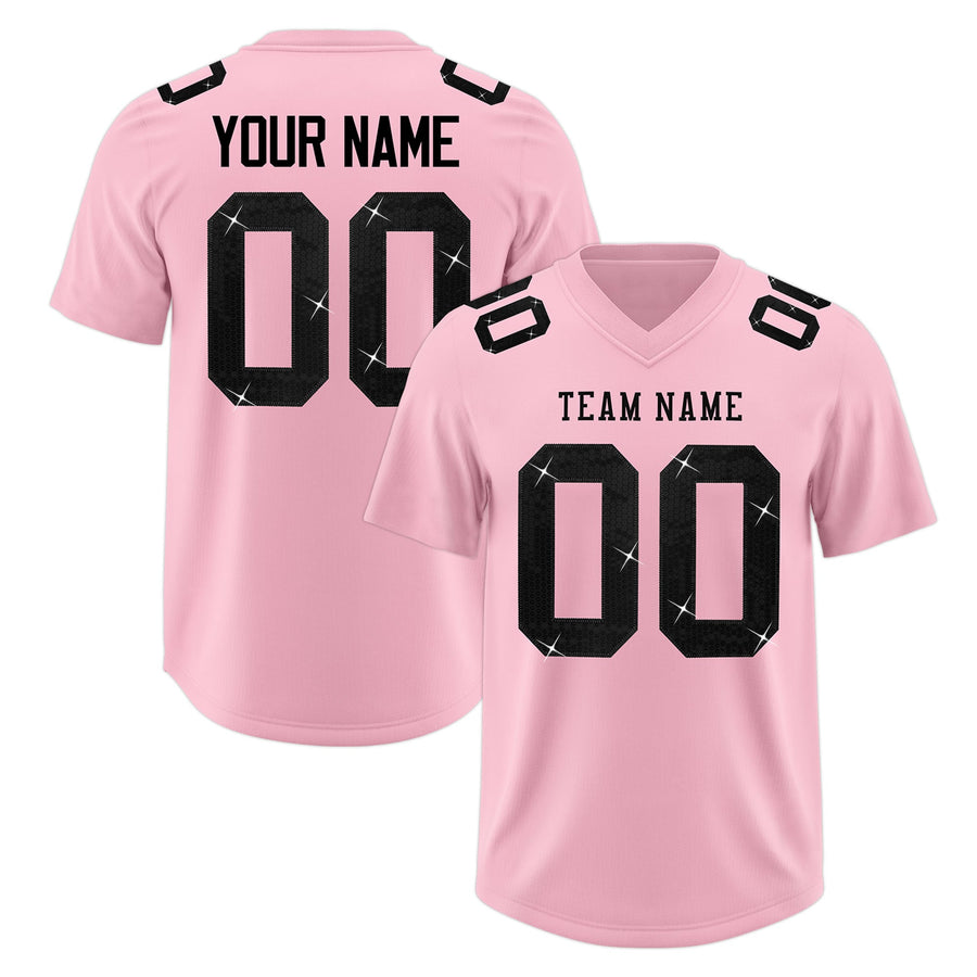 Custom Light Pink Black sequin lettering Stretch Fabric Football Jersey | BuyFootballJersey