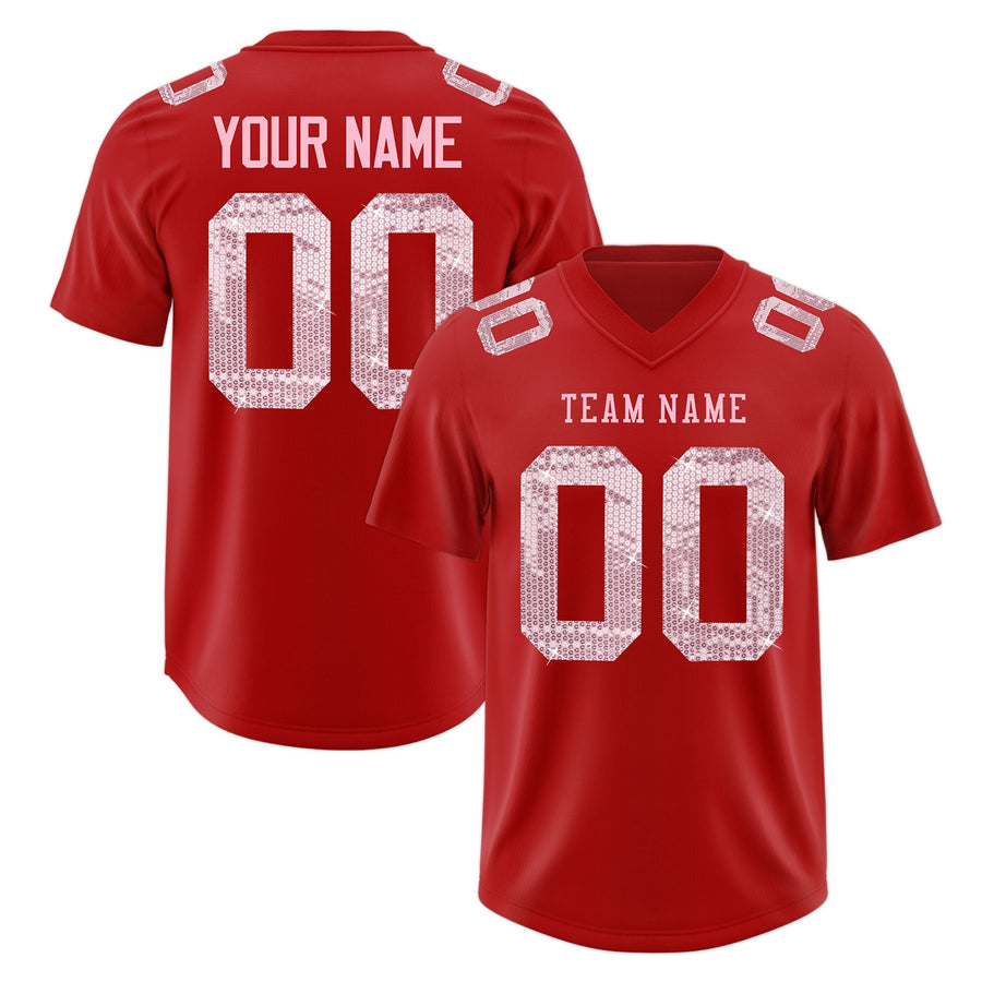 Custom Red Light Pink sequin lettering Breathable Football Jersey | BuyFootballJersey