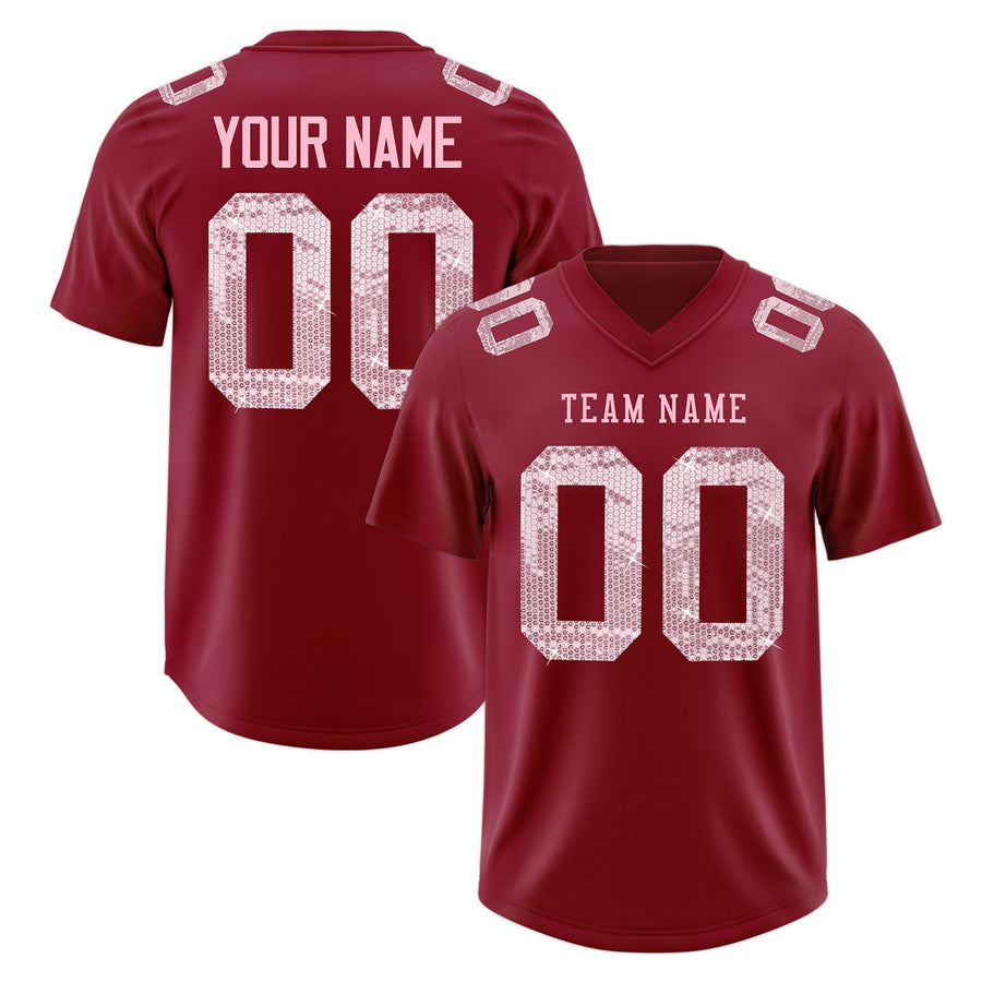 Custom Crimson Light Pink sequin lettering Stretch Fabric Football Jersey | BuyFootballJersey