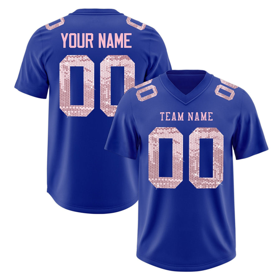 Custom Royal Blue Light Pink sequin lettering Stretch Fabric Football Jersey | BuyFootballJersey