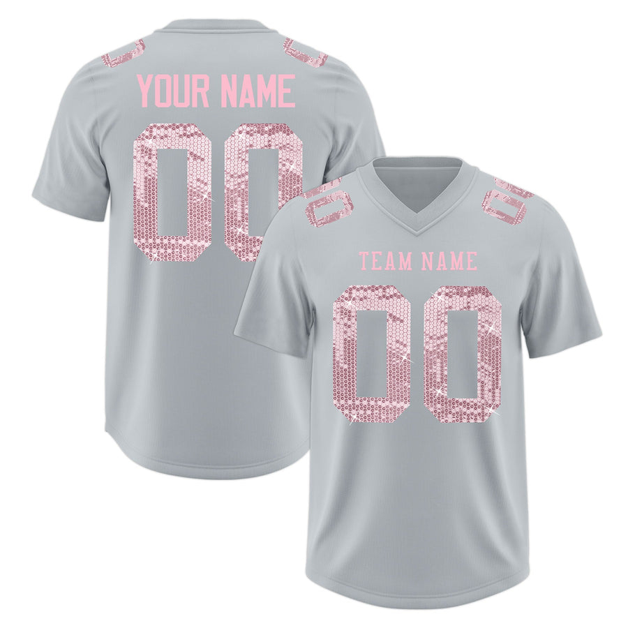 Custom Silver Light Pink sequin lettering Stretch Fabric Football Jersey | BuyFootballJersey