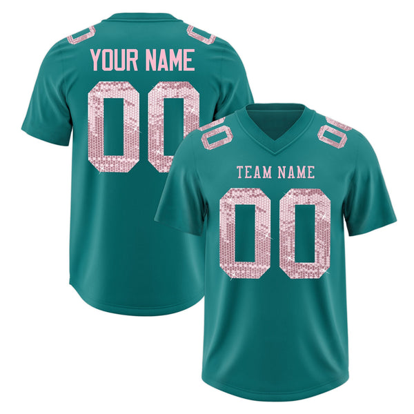 Custom Teal Light Pink sequin lettering Moisture-Wicking Football Jersey | BuyFootballJersey