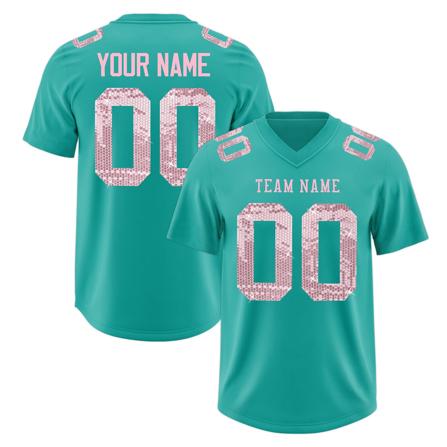 Custom Aqua Light Pink sequin lettering Stretch Fabric Football Jersey | BuyFootballJersey