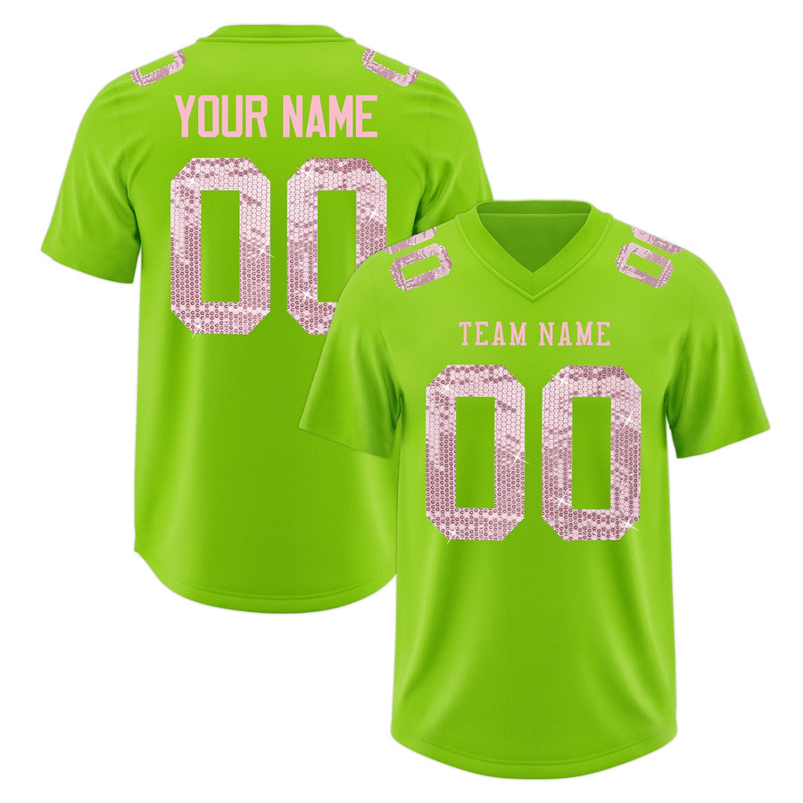 Custom Neon Green Light Pink sequin lettering Moisture-Wicking Football Jersey | BuyFootballJersey