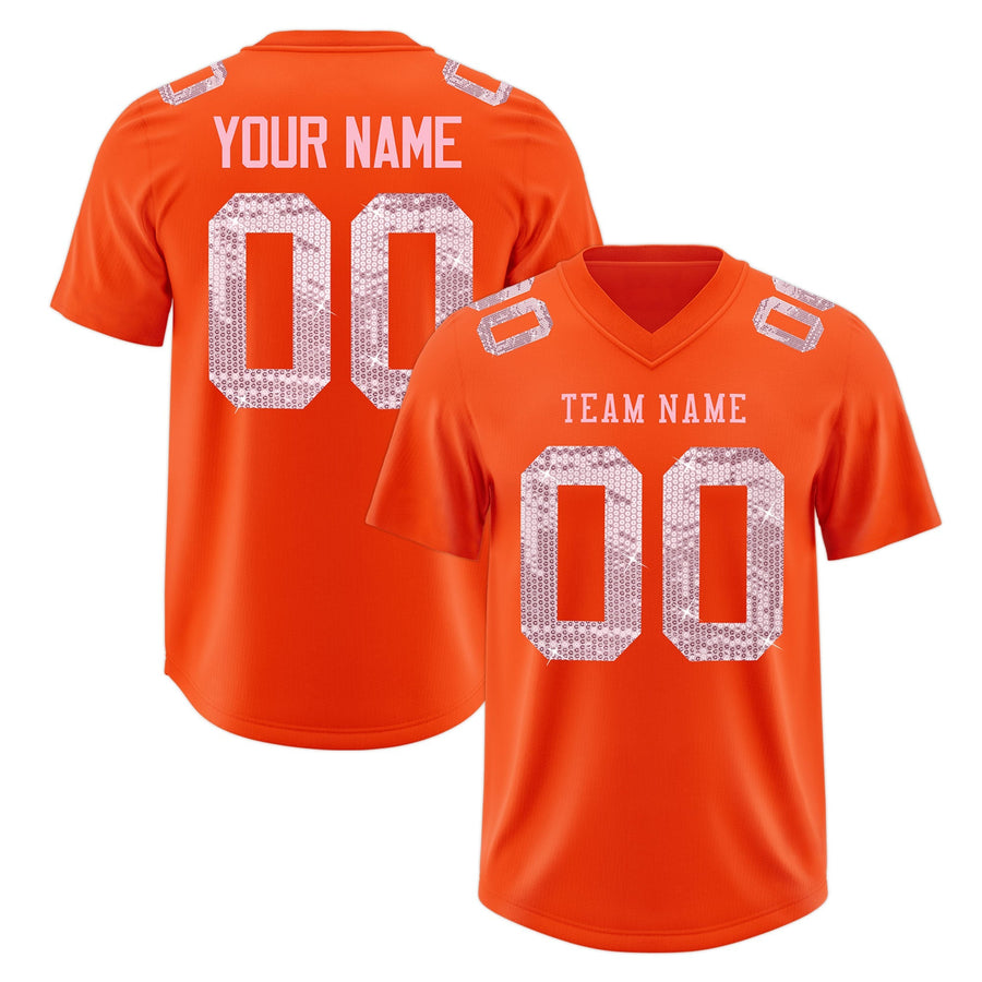 Custom Orange Light Pink sequin lettering Stretch Fabric Football Jersey | BuyFootballJersey