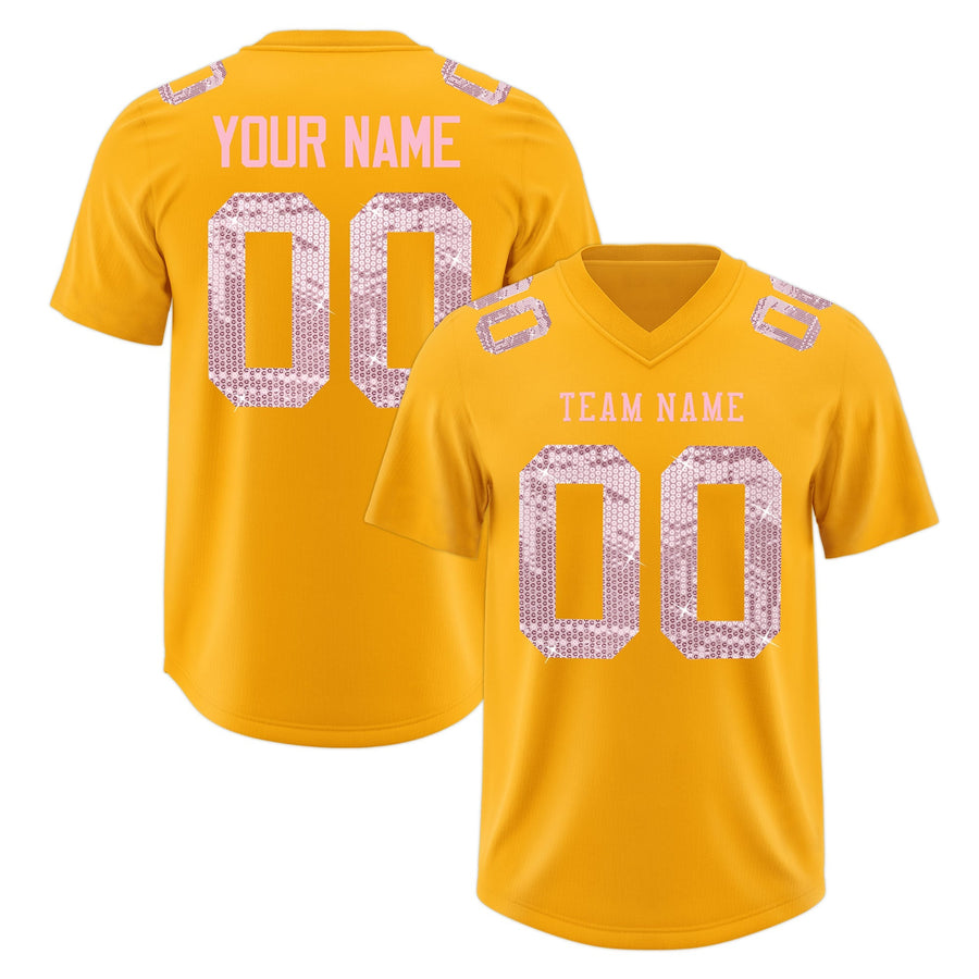 Custom Yellow Light Pink sequin lettering Stretch Fabric Football Jersey | BuyFootballJersey