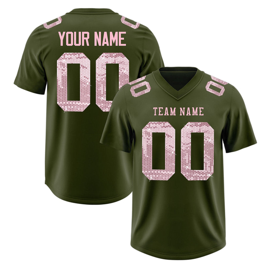 Custom Olive Light Pink sequin lettering Stretch Fabric Football Jersey | BuyFootballJersey