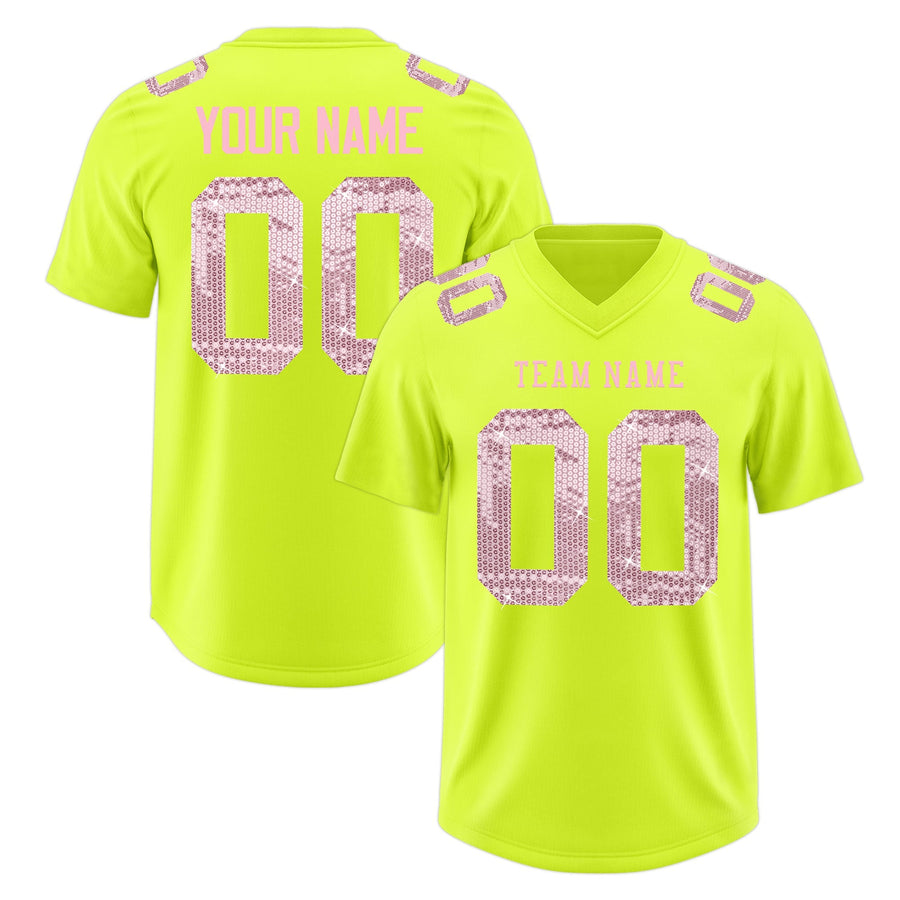 Custom Fluorescent Green Light Pink sequin lettering Stretch Fabric Football Jersey | BuyFootballJersey