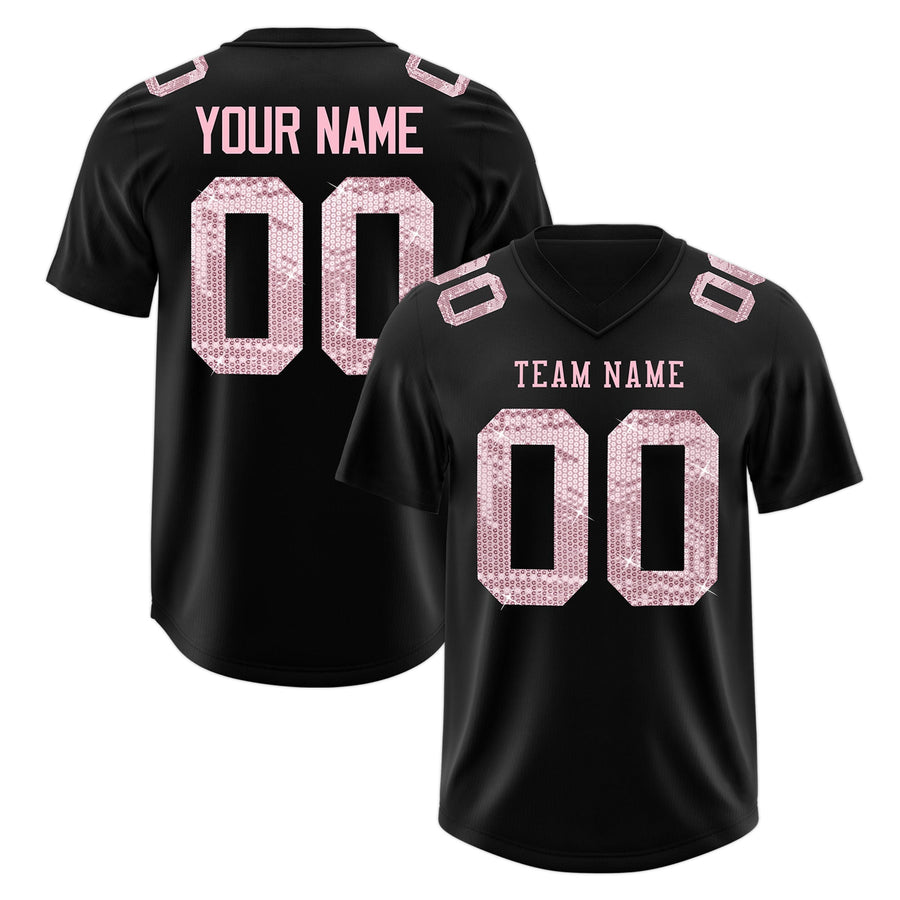Custom Black Light Pink sequin lettering Stretch Fabric Football Jersey | BuyFootballJersey