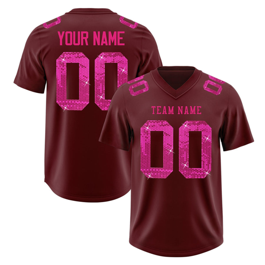 Custom Burgundy Pink sequin lettering Stretch Fabric Football Jersey | BuyFootballJersey