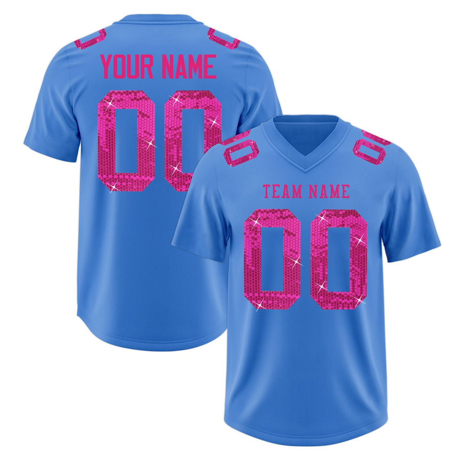 Custom Powder Blue Pink sequin lettering Moisture-Wicking Football Jersey | BuyFootballJersey
