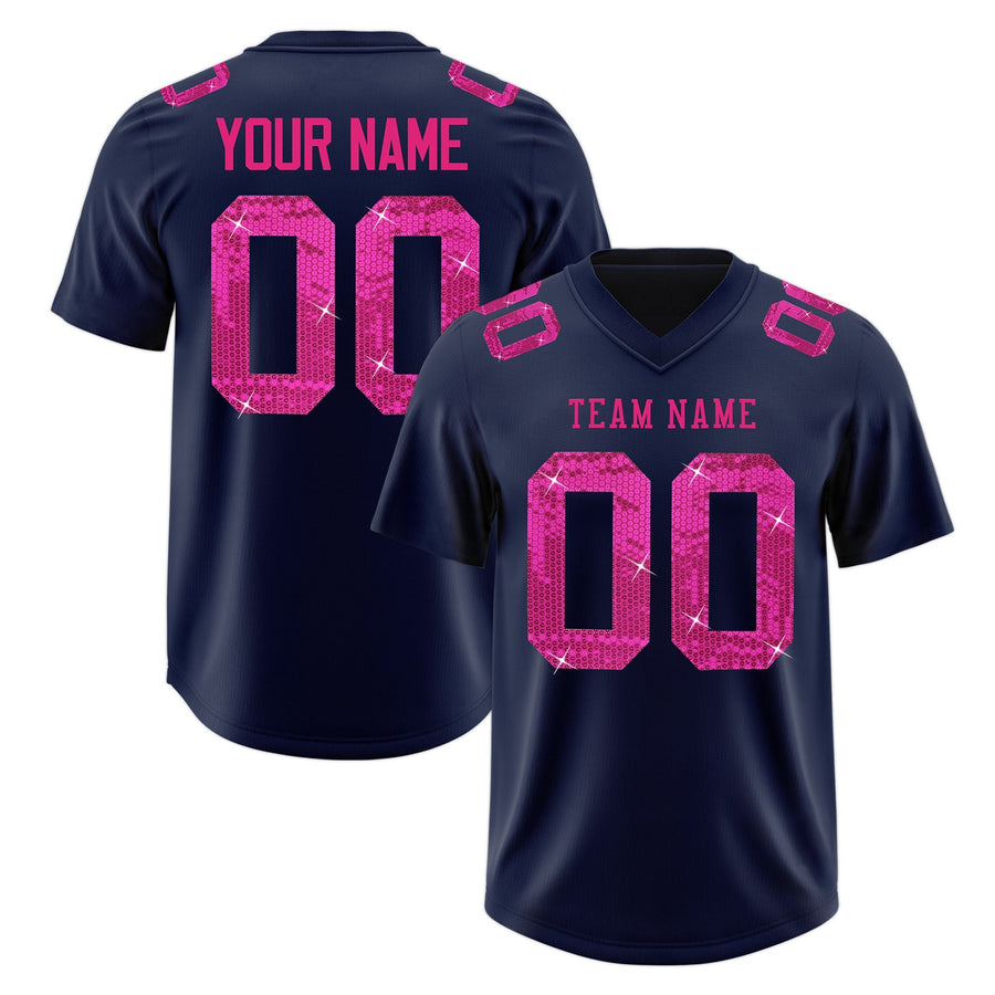 Custom Navy Pink sequin lettering Stretch Fabric Football Jersey | BuyFootballJersey