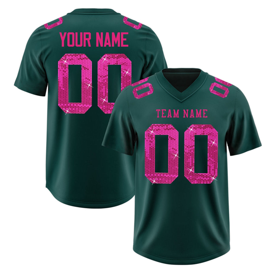 Custom Midnight Green Pink sequin lettering Moisture-Wicking Football Jersey | BuyFootballJersey