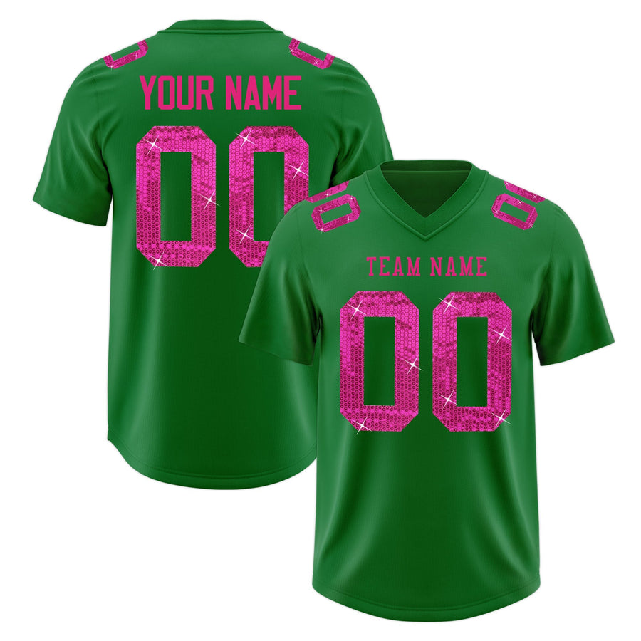 Custom Kelly Green Pink sequin lettering Stretch Fabric Football Jersey | BuyFootballJersey